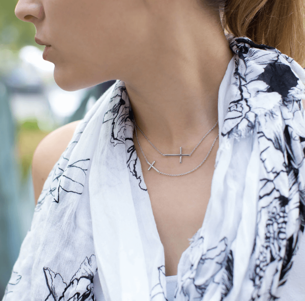 16" + 2" Rhodium Plated Polished Sideways Cross Necklace