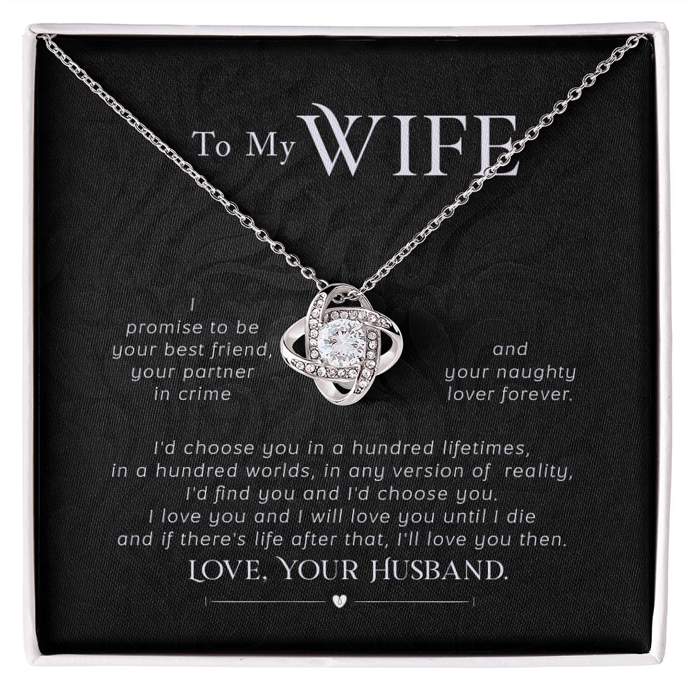 Surprise your wife with this stunning Love Knot Necklace and show her how much you care. This divine piece symbolizes an unbreakable bond between two souls, embellished with premium cubic zirconia crystals. Get free shipping today on orders over $50 for her birthday or any special occasion!