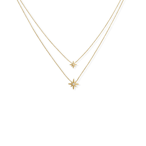 16"/17"+2" 14 Karat Gold Plated Two Strand CZ Star Necklace