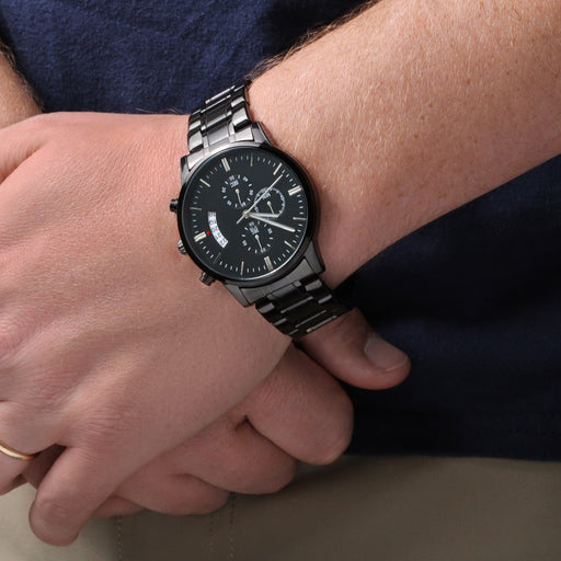 Your boyfriend will wear this Black Chronograph Watch proudly when he sees the  engraved You're-The-Best-Thing-That-Ever-Happened-To-Me Message on the back. Makes a wonderful gift idea for birthdays, anniversaries, holidays or just because.
