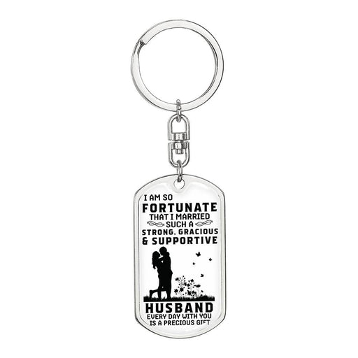 Your Husband will cherish this Customizable Dog Tag Keychain with its heart-felt message on the front, and your personalized engraved message on the back will make it a truly unique gift. It can be your wedding date, or any other special day you wish to treasure! 