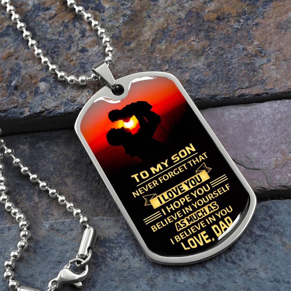 Your Son will cherish this Customized Dog Tag Necklace. It makes a great gift idea and comes with a heart-felt believe-in-yourself message engraved on the front. Add your personalized message on the back to make it a truly memorable gift!