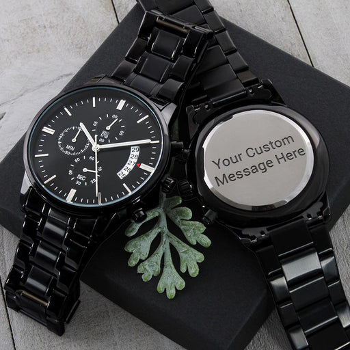 This Customizable Engravable Black Chronograph Watch makes a great gift idea. That special man in your life will cherish it for years to come. The back of the watch can be personalized with an engraved name or message, two lines of up to 20 characters each!