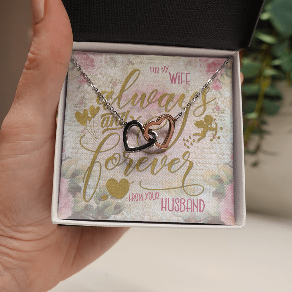 Your wife will treasure this memorable Forever Loved Two-Hearts Necklace for years to come.  Comes with a heart-felt message card. Get Free worldwide shipping from the United States.