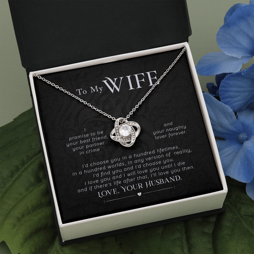 The Love Knot Necklace represents an unbreakable bond between two souls. This symbol of eternal love is a forever favorite and trending everywhere. This Necklace with heartfelt message card will touch her heart  Surprise your wife with this gorgeous gift today!