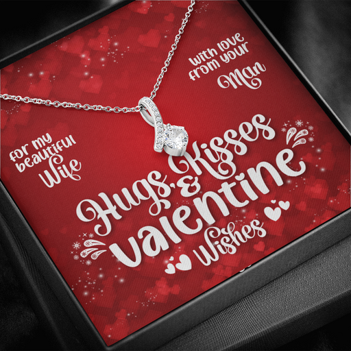 TO MY WIFE - I LOVE YOUR ALLURING BEAUTY NECKLACE. 14k gold plated stainless steel, cubic zirconia necklace with a ribbon pendant. Adjustable chain length of 18"-22". Be sure to get yours NOW! Free shipping on all orders 