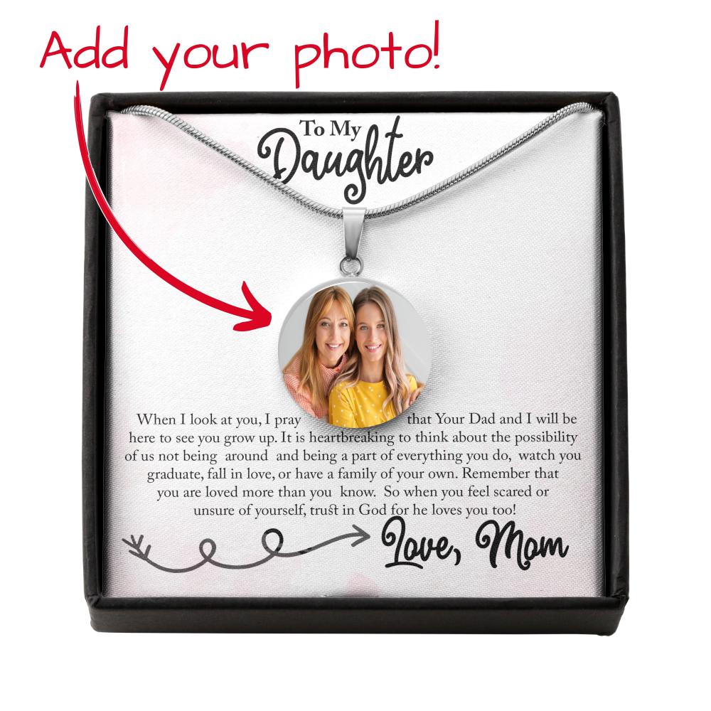 This Circle Pendant Necklace can have any photo you like added and engraved on the back to make it a truly unique and memorable piece, something your daughter will cherish for years to come. Get Fast and Free Shipping worldwide from the United States.  