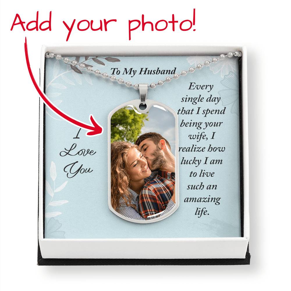 Gift this Customized Dog Tag Necklace to your husband for special occasions or everyday wear. Add your favorite photo and add a special message on the back to make it a truly memorable piece!